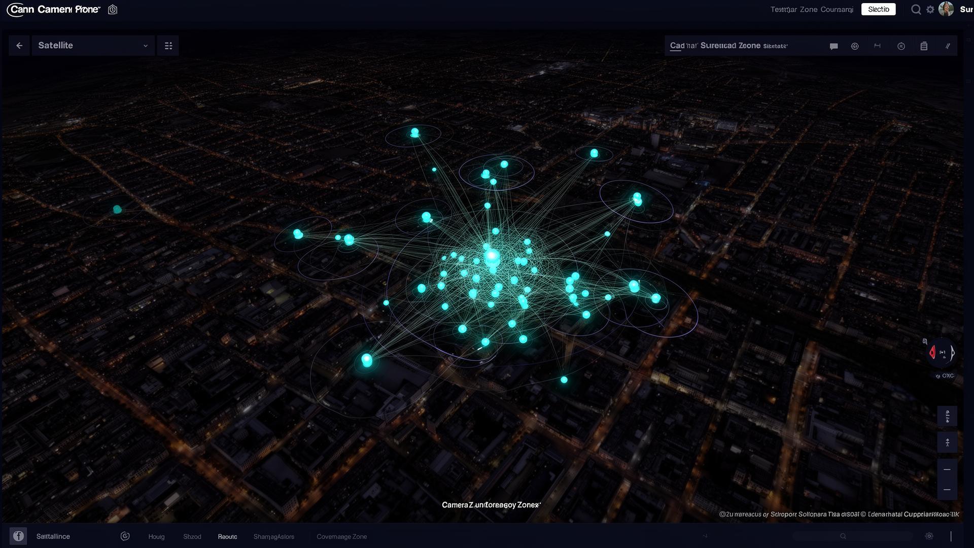 Interactive map showing camera locations with coverage zones